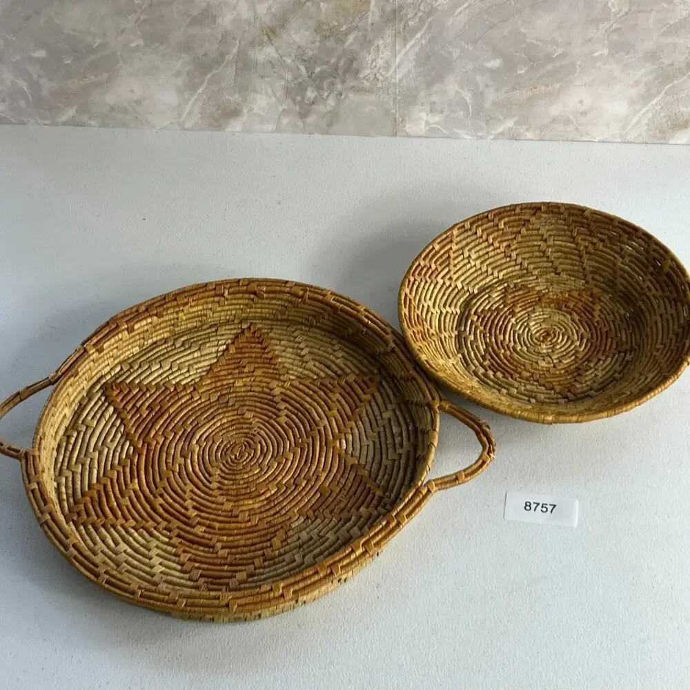 Set of 2 Round Coiled Woven Natural Baskets Double Handles Decor